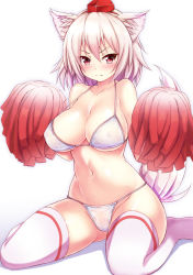 Rule 34 | 1girl, animal ears, bikini, blush, breasts, cameltoe, cheerleader, cleavage, collarbone, commentary request, covered erect nipples, ebi 193, fang, female focus, hat, inubashiri momiji, large breasts, navel, pink eyes, pom pom (cheerleading), red eyes, short hair, simple background, sitting, solo, strap gap, swimsuit, tail, thighhighs, tokin hat, touhou, underboob, wariza, white background, white bikini, white hair, white thighhighs, wolf ears, wolf tail