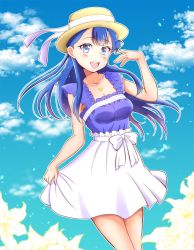 Rule 34 | 1girl, :d, blue eyes, blue hair, blue shirt, blue sky, blush, bow, breasts, cleavage, cloud, collarbone, day, floating hair, hat, hat ribbon, highres, hugtto! precure, jewelry, kaatsu katsurou, long hair, looking at viewer, medium breasts, miniskirt, necklace, open mouth, outdoors, precure, ribbon, see-through silhouette, shirt, skirt, skirt hold, sky, sleeveless, sleeveless shirt, smile, solo, standing, white bow, white ribbon, white skirt, yakushiji saaya, yellow hat