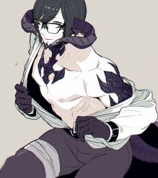 Rule 34 | 10s, 1boy, au ra, biceps, black gloves, black hair, blue eyes, collarbone, dated, final fantasy, final fantasy xiv, glasses, gloves, highres, horns, looking at viewer, male focus, mtk (souko), muscular, nipples, off shoulder, pale skin, parted lips, pectorals, simple background, solo, tail, undressing, warrior of light (ff14)