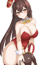 Rule 34 | 1girl, 72 (mmmmkk), alternate breast size, amber (genshin impact), animal ears, bare shoulders, baron bunny (genshin impact), blush, breasts, brown hair, closed mouth, collarbone, commentary, cowboy shot, crossed bangs, detached collar, fake animal ears, genshin impact, highleg, highleg leotard, highres, large breasts, leaning forward, leotard, long hair, looking at viewer, orange eyes, playboy bunny, rabbit ears, rabbit tail, red leotard, red thighhighs, simple background, strapless, strapless leotard, tail, thick thighs, thighhighs, thighs, very long hair, white background, wrist cuffs, yellow neckwear