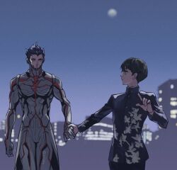 Rule 34 | 2boys, aogami (megami tensei), black hair, blurry, blurry background, bodysuit, building, closed mouth, floral print, highres, holding hands, jacket, long sleeves, male focus, moon, multiple boys, night, outdoors, protagonist (smtv), school uniform, shin megami tensei, shin megami tensei v, spiked hair, twitter username, yellow eyes, za210n