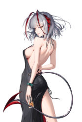 Rule 34 | 1girl, :p, absurdres, ahoge, alternate costume, antennae, arknights, backless dress, backless outfit, bare back, bare shoulders, black dress, bowlp, breasts, commentary, cowboy shot, cup, demon tail, dress, drinking glass, grey hair, highres, holding, holding cup, horns, large breasts, looking at viewer, orange eyes, short hair, sleeveless, sleeveless dress, solo, standing, tail, thighs, tongue, tongue out, w (arknights)