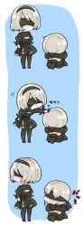 Rule 34 | 1boy, 1girl, absurdres, blindfold, boots, breasts, chibi, cleavage, cleavage cutout, clothing cutout, comic, dress, feather-trimmed sleeves, gloves, high heel boots, high heels, highres, juliet sleeves, long sleeves, makinokan, mole, mole under mouth, nier (series), nier:automata, panels, headpat, puffy sleeves, short hair, shorts, simple background, standing, text focus, thigh boots, thighhighs, translation request, white hair, 2b (nier:automata), 9s (nier:automata)