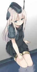 Rule 34 | 10s, 1girl, :/, antennae, bare legs, bike shorts, black dress, black hat, black jacket, black shorts, blonde hair, blue eyes, blush, character name, closed mouth, cropped jacket, dress, expressionless, garrison cap, hair between eyes, hat, highres, jacket, kantai collection, long hair, looking at viewer, monobe tsukuri, open clothes, open jacket, pointy ears, pool, puffy short sleeves, puffy sleeves, short sleeves, shorts, shorts under dress, sitting, soaking feet, solo, u-511 (kancolle), water, water drop, wet