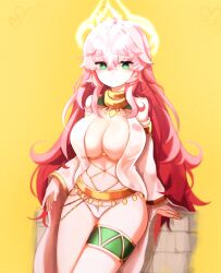 Rule 34 | 1girl, against wall, ahoge, armlet, bare legs, bare shoulders, body jewelry, breasts, cleavage, collar, cross-shaped pupils, detached sleeves, dress, dungeon and fighter, gold, green eyes, hair between eyes, halo, highres, hwaryeok, knight (dungeon and fighter), large breasts, leaning, long hair, navel, panties, pink hair, revealing clothes, see-through, simple background, solo, symbol-shaped pupils, thighlet, underwear, white panties, yellow background
