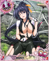 Rule 34 | 10s, 1girl, artist request, bicycle, bike jersey, bike shorts, black hair, breasts, card (medium), character name, chess piece, cleavage, female focus, fingerless gloves, gloves, hair ribbon, high school dxd, high school dxd infinity, himejima akeno, large breasts, long hair, official art, one eye closed, ponytail, purple eyes, queen (chess), ribbon, smile, solo, torn clothes, trading card, zipper