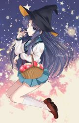Rule 34 | 1girl, apple, asakura ryouko, basket, black hat, blue eyes, blue hair, blue sailor collar, blue skirt, breasts, brown footwear, closed mouth, commentary, food, from side, fruit, full body, hand up, hat, holding, holding basket, kita high school uniform, kneehighs, kuuma25 kuma, long hair, long sleeves, looking to the side, medium breasts, parted bangs, sailor collar, school uniform, serafuku, shirt, shirt tucked in, shoes, skirt, smile, socks, solo, star (symbol), suzumiya haruhi no yuuutsu, thick eyebrows, twitter username, white shirt, white socks, witch hat
