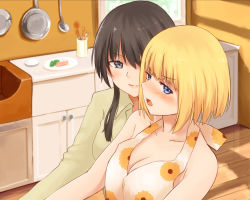 Rule 34 | 2girls, apron, bad id, bad pixiv id, bare shoulders, black hair, blonde hair, blue eyes, blush, breasts, brown hair, cleavage, collarbone, day, dominica s. gentile, dress, female focus, frying pan, grey eyes, half-closed eyes, jane t. godfrey, kento1102, kitchen, ladle, lips, long sleeves, looking at another, looking away, multiple girls, naked apron, naughty face, open mouth, plate, short hair, shy, smile, strike witches, strike witches: kurenai no majo-tachi, sundress, world witches series, yuri