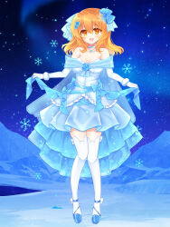 Rule 34 | 1girl, :d, blue flower, blue footwear, blue rose, breasts, choker, cleavage, copyright request, dress, elbow gloves, flower, frilled dress, frills, gloves, hair flower, hair ornament, highres, long hair, looking at viewer, medium breasts, night, night sky, official art, open mouth, orange eyes, orange hair, outdoors, rose, shikito (yawa0w0), shoes, sky, smile, snowflakes, solo, star (sky), starry sky, thighhighs, white choker, white dress, white gloves, white thighhighs