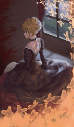 Rule 34 | 1girl, absurdres, artist name, back, beatrice (umineko), black choker, black dress, blonde hair, blood, blood on wall, blue eyes, bug, butterfly, choker, commentary, dress, english commentary, hair up, highres, insect, long sleeves, looking at viewer, looking back, shalink, solo, umineko no naku koro ni, window