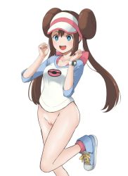 Rule 34 | 1girl, :d, blue eyes, blue footwear, blush, bottomless, breasts, brown hair, clenched hands, clitoris, creatures (company), double bun, feet out of frame, game freak, hair between eyes, hair bun, hands up, kitano (kitanosnowwhite), long hair, long sleeves, looking at viewer, medium breasts, nintendo, nude filter, open mouth, pink socks, pokemon, pokemon bw2, pokemon masters ex, pussy, raglan sleeves, rosa (pokemon), shirt, shoes, sidelocks, simple background, smile, sneakers, socks, solo, standing, standing on one leg, t-shirt, thighs, third-party edit, twintails, uncensored, visor cap, watch, white background, white shirt, wristwatch