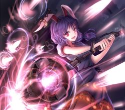 Rule 34 | 1girl, animal ears, bloomers, blue dress, blue hair, rabbit ears, danmaku, dress, glowing, glowing weapon, hammer, long hair, looking at viewer, low twintails, minust, open mouth, puffy sleeves, red eyes, seiran (touhou), short sleeves, smile, solo, touhou, twintails, underwear, weapon