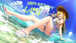Rule 34 | 1girl, ;d, andou shuki, arm support, bare arms, bare legs, bare shoulders, bikini, bikini under clothes, blue bikini, blue eyes, blue sky, bracelet, braid, breasts, brown hair, character name, clothing cutout, cloud, commentary request, day, dress, dutch angle, flip-flops, food, frilled dress, frills, full body, hair between eyes, halterneck, hand up, happy birthday, hat, highres, holding, holding food, horizon, idolmaster, idolmaster million live!, jewelry, knees up, kousaka umi, legs, long hair, looking at viewer, medium breasts, ocean, one eye closed, open mouth, outdoors, partially submerged, popsicle, sandals, shallow water, short dress, side cutout, sitting, sky, sleeveless, sleeveless dress, smile, solo, straw hat, sunlight, swimsuit, teeth, toenails, toes, twin braids, upper teeth only, water, water drop, watermelon bar, wet, white dress, white footwear