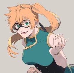 Rule 34 | 1girl, boku no hero academia, breasts, china dress, chinese clothes, dress, eyelashes, fingernails, green eyes, grey background, kendou itsuka, large breasts, long hair, looking at viewer, open mouth, orange hair, rnuyvm, side ponytail, simple background, sleeveless, sleeveless dress, solo