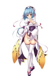 Rule 34 | 1girl, absurdres, blue hair, blush, breasts, chouun, cleavage, full body, geta, hat, highres, japanese clothes, katagiri hinata, koihime musou, large breasts, looking at viewer, no panties, obi, purple eyes, ribbon, sandals, sash, short hair, solo, standing, thighhighs, transparent background, white thighhighs, wide sleeves, zettai ryouiki