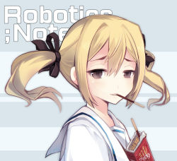 Rule 34 | 1girl, black ribbon, blonde hair, blouse, brown eyes, commentary, copyright name, food, food in mouth, hair between eyes, hair ribbon, koujiro frau, looking at viewer, looking to the side, maodouzi, mouth hold, pocky, ribbon, robotics;notes, school uniform, serafuku, shirt, sidelocks, solo, twintails, white shirt