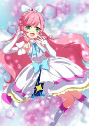 Rule 34 | 1girl, :d, bare shoulders, blue bow, blush, boots, bow, braid, commentary request, cure prism, dress, elbow gloves, feet out of frame, gloves, green eyes, hair bow, hands up, highres, hirogaru sky! precure, knee boots, knees together feet apart, long hair, looking at viewer, nijigaoka mashiro, open mouth, pink hair, precure, sleeveless, sleeveless dress, smile, solo, tsuyukina fuzuki, very long hair, w, white dress, white footwear, white gloves