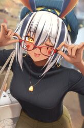 Rule 34 | animal ears, black hair, black sweater, blurry, blurry background, blush, bra, bra visible through clothes, breasts, bright pupils, brown pants, casual, fate/grand order, fate (series), glasses, hair between eyes, hat, heart, highres, holding, holding removed eyewear, jewelry, leaning forward, long sleeves, medium breasts, medjed (fate), multicolored hair, nitocris (fate), nitocris alter (fate), one eye closed, orange eyes, pants, particle sfs, pendant, red-framed eyewear, sidelocks, streaked hair, sweater, tongue, tongue out, underwear, unworn eyewear, white bra, white hair