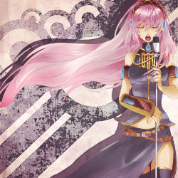 Rule 34 | armband, bad id, bad pixiv id, bare shoulders, closed eyes, headphones, long hair, megurine luka, microphone, microphone stand, music, pink hair, rioko, singing, solo, thighhighs, vocaloid, wristband