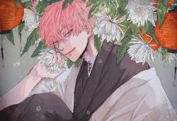 Rule 34 | 1boy, akane-banashi, bad id, bad pixiv id, flower, grey background, hair between eyes, highres, japanese clothes, lantern, looking at viewer, male focus, paper lantern, pink eyes, pink hair, short hair, sitting, smile, solo
