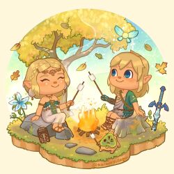 Rule 34 | 1boy, 1girl, ^ ^, archaic set (zelda), arm support, armlet, artist name, belt, blonde hair, blue eyes, blue flower, blue sky, blush, border, bracelet, braid, brown belt, brown footwear, bud, campfire, chibi, circlet, circular border, closed eyes, closed mouth, commentary, constellation, crown braid, dress, earrings, english commentary, facial mark, fairy, falling leaves, fire, flower, food, gladiator sandals, gradient sky, grass, green dress, green sky, green tunic, hair ornament, hairclip, hand up, happy, highres, holding, holding stick, jewelry, korok, kurain villager, leaf, link, looking at another, magatama, magatama necklace, maple leaf, marshmallow, master sword, medium hair, necklace, nintendo, oak leaf, ophiuchus (constellation), parted bangs, phoenix (constellation), planted, planted sword, planted weapon, pointy ears, princess zelda, rock, sandals, serpens caput (constellation), sheikah slate, short hair, sidelocks, silent princess, single braid, sitting, sitting on rock, sitting on tree stump, sky, smile, smoke, star (symbol), stick, strapless, strapless dress, sword, tattoo, teardrop facial mark, the legend of zelda, the legend of zelda: tears of the kingdom, tree, tree stump, tunic, twitter username, weapon, white dress, yellow border