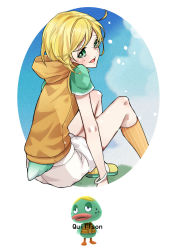 Rule 34 | 1boy, animal crossing, back, bird, blonde hair, blush, bracelet, character name, duck, english text, feathered wings, feathers, freckles, green eyes, humanization, jewelry, male focus, mou niu, nintendo, open mouth, personification, quillson (animal crossing), sitting, sky, solo, white background, wings