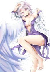 Rule 34 | 1girl, alternate costume, areola slip, arm up, bad id, bad pixiv id, bare shoulders, barefoot, breasts, collarbone, covered erect nipples, dress, feathered wings, feet, hand on own head, hand up, highres, inoumu, jacket, kishin sagume, knee up, leg up, legs, long sleeves, looking at viewer, medium breasts, midriff, no bra, off shoulder, open clothes, open dress, open jacket, open mouth, parted lips, purple dress, red eyes, short hair, silver hair, single wing, solo, thighs, toes, touhou, white background, white jacket, white wings, wings