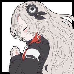 Rule 34 | 1girl, akichi 360, black border, black coat, black flower, blush, border, brown hair, clenched hand, closed eyes, coat, facing down, flower, from side, hair flower, hair ornament, hair over one eye, highres, isekai joucho, kamitsubaki studio, long hair, long sleeves, outside border, own hands together, parted lips, profile, simple background, solo, upper body, virtual youtuber, wavy hair, white background, zipper pull tab