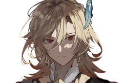 Rule 34 | 1boy, bad id, bad twitter id, blonde hair, earrings, feather hair ornament, feathers, genshin impact, hair between eyes, hair ornament, highres, hitoyuki, jewelry, kaveh (genshin impact), long hair, looking at viewer, male focus, parted lips, portrait, red eyes, simple background, solo, upper body, white background