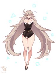 Rule 34 | 1girl, bare shoulders, black dress, black footwear, blush, breasts, brown eyes, cleavage, closed mouth, dress, dress tug, embarrassed, faucre the evil overlord, highres, last origin, light brown hair, long hair, simple background, smile, solo, sweatdrop, toriseru (rare stone), very long hair, white background