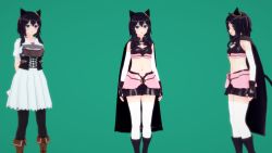 Rule 34 | 3d, animal ears, ankle boots, armor, arms behind back, bare shoulders, belt, belt boots, black cloak, black footwear, black gloves, black legwear, black shorts, black tail, blue eyes, blush, body armor, boots, breastplate, breasts, brown belt, brown footwear, cat ears, cat girl, cat tail, chest armor, cloak, closed mouth, cowboy boots, dress, earrings, feet out of frame, fingerless gloves, fran (tensei shitara ken deshita), from side, gloves, gold earrings, green background, hair between eyes, highres, jewelry, kirbro, leather, leather belt, leather boots, light blush, looking at viewer, looking away, medium hair, midriff, multiple persona, navel, open mouth, puffy sleeves, riding boots, shiny clothes, short shorts, short sleeves, shorts, simple background, sleeveless, small breasts, smile, standing, stomach, tail, tensei shitara ken deshita, thighhighs, white dress, white legwear, white sleeves