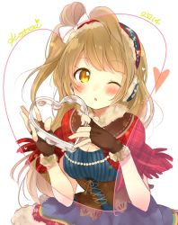 Rule 34 | 10s, 1girl, 2014, ;o, blowing kiss, blush, bow, brown eyes, brown hair, character name, corset, earmuffs, fingerless gloves, fur trim, gloves, hair bow, heart, instrument, kakizato, looking at viewer, love live!, love live! school idol festival, love live! school idol project, minami kotori, one eye closed, one side up, parted lips, simple background, solo, string, tambourine, underbust, white background