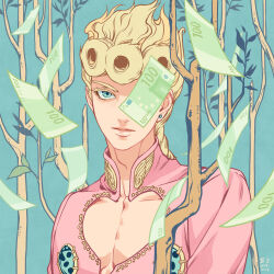 Rule 34 | 1boy, banknote, banysun, blonde hair, blue eyes, branch, cleavage cutout, clothing cutout, colored eyelashes, giorno giovanna, jojo no kimyou na bouken, long sleeves, male focus, money, one eye covered, pectoral cleavage, pectorals, solo, upper body, vento aureo