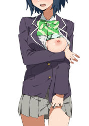 Rule 34 | 1girl, black jacket, blue hair, blush, bow, bowtie, bra, bra lift, breasts, collared shirt, cowboy shot, gamers!, green bow, green bowtie, green bra, grey skirt, head out of frame, highres, hoshinomori chiaki, jacket, long sleeves, medium breasts, morisobo, nipples, one breast out, open mouth, pleated skirt, school uniform, shirt, short hair, simple background, skirt, solo, standing, sweat, underwear, white background, white shirt