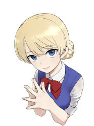 Rule 34 | 1girl, blonde hair, blue eyes, blue sweater, bow, bowtie, braid, catchphrase, closed mouth, commentary request, cropped torso, darjeeling (girls und panzer), dress shirt, fingers together, girls und panzer, head tilt, looking at viewer, red bow, red bowtie, school uniform, shirt, short hair, short sleeves, simple background, smile, solo, sweater, sweater vest, upper body, v-neck, wata do chinkuru, white background, white shirt, wing collar