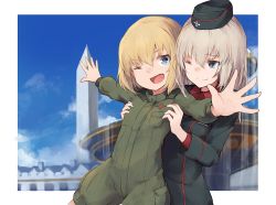 Rule 34 | 10s, 2girls, :d, ;), ;d, age difference, blonde hair, blue eyes, building, child, cloud, day, fang, garrison cap, girls und panzer, hair between eyes, hat, hug, hug from behind, itsumi erika, jacket, katyusha (girls und panzer), lifting person, long sleeves, makihitsuji, military, military uniform, multiple girls, one eye closed, onee-loli, open mouth, outdoors, outstretched arms, short hair, sky, smile, spread arms, star (symbol), uniform, yuri