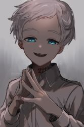 Rule 34 | 1boy, blouse, blue eyes, collared shirt, grey background, highres, long sleeves, looking at viewer, male focus, neck tattoo, norman (yakusoku no neverland), notsuki (koma128), number tattoo, shirt, silver hair, solo, steepled fingers, tattoo, white shirt, wing collar, yakusoku no neverland