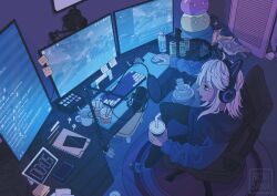 Rule 34 | 1boy, airpods, alternate costume, animal ear headphones, animal ears, artist logo, artist name, artnisabon, at computer, black pants, blue hoodie, bottle, camera, can, carpet, cat ear headphones, cellphone, chair, computer, contemporary, cup, cup ramen, cutlery, cyno (genshin impact), disposable cup, energy drink, fake animal ears, fungi (genshin impact), gaming chair, genshin impact, headphones, highres, hood, hoodie, indoors, keyboard (computer), laundry, livestream, medium hair, microphone, microphone stand, monitor, monster energy, mouse (computer), mousepad (object), nintendo switch, notebook, obs, pants, pen, pencil, phone, plate, playing games, power strip, shoes, smartphone, snack, sneakers, socks, solo, sticky note, studio microphone, stuffed toy, swivel chair, trash can, twitch.tv, white hair, wireless earphones, yellow eyes