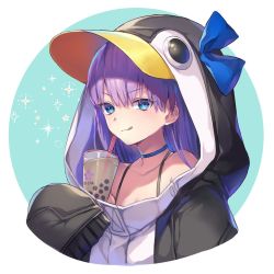 Rule 34 | 1girl, animal costume, animal hood, bare shoulders, blue eyes, blue ribbon, bow, bra strap, bubble tea, choker, closed mouth, collarbone, drinking straw, fate/grand order, fate (series), hair bow, hood, hoodie, licking lips, meltryllis, meltryllis (fate), meltryllis (swimsuit lancer) (fate), meltryllis (swimsuit lancer) (first ascension) (fate), penguin costume, penguin hood, purple hair, ribbon, sleeves past wrists, smile, solo, tongue, tongue out, upper body, vivi (eve no hakoniwa)