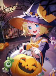 Rule 34 | 1girl, absurdres, alternate costume, black hat, blonde hair, blue eyes, blush, bow, candy, commentary, creature, detached sleeves, fence, food, ghost, gya (144), hair ornament, hairclip, halloween, hat, hat ribbon, highres, holding, jack-o&#039;-lantern, kagamine rin, long sleeves, looking at viewer, open mouth, orange hat, orange ribbon, pumpkin, ribbon, sailor collar, short hair, smile, solo, teeth, upper teeth only, vocaloid, witch hat