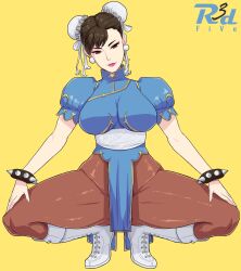 Rule 34 | 1girl, artist name, bracelet, breasts, brown eyes, brown hair, capcom, chinese clothes, chun-li, double bun, hair bun, hand on own leg, highres, jewelry, lipstick, looking at viewer, makeup, medium breasts, pantyhose, pelvic curtain, pink lips, r3dfive, smile, solo, spiked bracelet, spikes, spread legs, squatting, street fighter, thick thighs, thighs, watermark, white footwear, yellow background