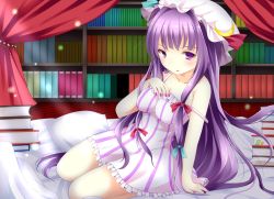 Rule 34 | 1girl, adapted costume, ajiriko, alternate costume, bad id, bad pixiv id, bed, book, bow, hair bow, hair ribbon, hat, long hair, looking at viewer, mob cap, pajamas, parted lips, patchouli knowledge, purple eyes, purple hair, ribbon, sitting, solo, touhou
