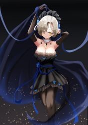 Rule 34 | 1girl, absurdres, alternate breast size, arms up, azur lane, black background, black dress, black legwear, blue ribbon, braid, breasts, cleavage, closed mouth, dress, elbow gloves, eyes visible through hair, gloves, hair ornament, highres, jewelry, large breasts, necklace, ribbon, sheffield (azur lane), sheffield (black crow&#039;s finery) (azur lane), shinka (yonkun121), short hair, simple background, solo, yellow eyes