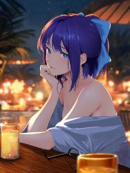 Rule 34 | 1girl, a-chan (hololive), absurdres, alternate costume, bare shoulders, beach umbrella, blue bow, blue eyes, blue hair, blurry, blurry background, blush, bow, breasts, cohi27151463, commentary, counter, cup, drinking glass, unworn eyewear, from side, grey shirt, hair bow, hand on own chin, head rest, highres, hololive, looking at viewer, night, no eyewear, off shoulder, outdoors, parted lips, shirt, short hair, sitting, skull print, small breasts, smile, solo, umbrella, upper body, virtual youtuber