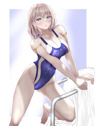 Rule 34 | 1girl, armlet, barefoot, blue one-piece swimsuit, breasts, cleavage, commentary request, competition swimsuit, large breasts, light brown hair, looking at viewer, mashinatsu, one-piece swimsuit, original, pool ladder, purple eyes, short hair, solo, swimsuit, towel, two-tone swimsuit, wet, wet clothes, wet swimsuit, white towel