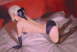 Rule 34 | 1girl, all fours, artoria pendragon (all), artoria pendragon (fate), ass, bed, black gloves, black thighhighs, bow, covering privates, covering breasts, cushion, dannis, dimples of venus, elbow gloves, fate/stay night, fate (series), from above, gloves, hair bow, panties, realistic, saber (fate), saber alter, shadow, solo, thighhighs, underwear, white hair
