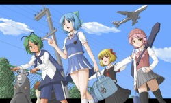 Rule 34 | 4girls, adapted costume, aircraft, airplane, antennae, blonde hair, blue eyes, blue hair, bow, cameo, charm (object), cirno, contemporary, daiyousei, dark-skinned female, dark skin, digital media player, dress, female focus, green eyes, green hair, guitar, hair bow, hair ribbon, hat, headphones, instrument, ipod, letterboxed, letty whiterock, motor vehicle, multiple girls, mystia lorelei, outstretched arms, pink hair, purple hair, red eyes, ribbon, rumia, sanen, school uniform, scooter, serafuku, short hair, side ponytail, skirt, spread arms, tan, team 9 (touhou), thighhighs, touhou, vehicle, wriggle nightbug, yellow eyes