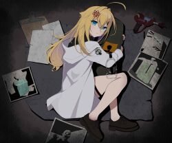 Rule 34 | 1girl, absurdres, ahoge, atom hair ornament, blonde hair, blue eyes, call of duty, clipboard, commentary, energy gun, full body, goggles, hair ornament, hairclip, highres, holding, juzi wei qishui, lab coat, looking at viewer, lying, on side, paper, photo (object), solo, weapon
