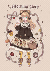 Rule 34 | 1girl, absurdres, animal ears, apple, argyle, argyle background, argyle clothes, argyle dress, bag, bear ears, black bow, black dress, bow, brown footwear, brown hair, center frills, checkerboard cookie, commentary request, cookie, dress, ear ribbon, english text, flats, food, frilled dress, frilled shirt collar, frilled sleeves, frills, fruit, full body, fur-trimmed footwear, fur trim, green eyes, grey ribbon, hair bow, handbag, hat, highres, holding, holding bag, honey dipper, honeycomb (pattern), lolita fashion, long sleeves, open mouth, original, pantyhose, pigs in a blanket, pom pom (clothes), print dress, smile, solo, sparkle, strawberry, unmoving pattern, waving, white bow, yellow pantyhose, yuzhi
