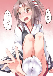 Rule 34 | 10s, 1girl, arm support, blush, brown eyes, embarrassed, feet, feet together, gradient background, hachimaki, headband, high ponytail, japanese clothes, kakiha makoto, kantai collection, light brown hair, muneate, no shoes, nose blush, open mouth, outstretched arm, outstretched hand, sitting, soles, solo, tabi, toes, zuihou (kancolle)